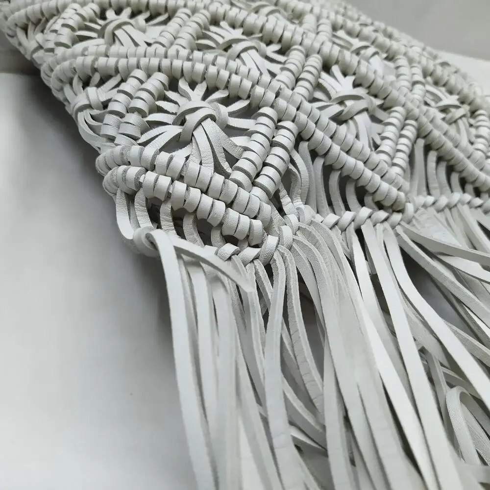 Tory Burch White Leather Woven Braided Macramé Fringe Limited Ed Crossbody Bag